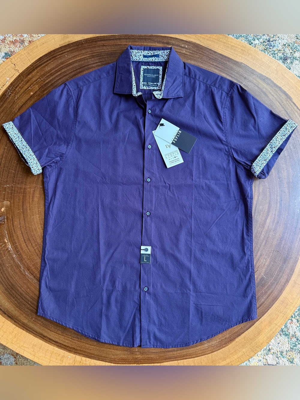 NWT Denim & Flower Short-Sleeve Button-Down Shirt in Deep Purple Large